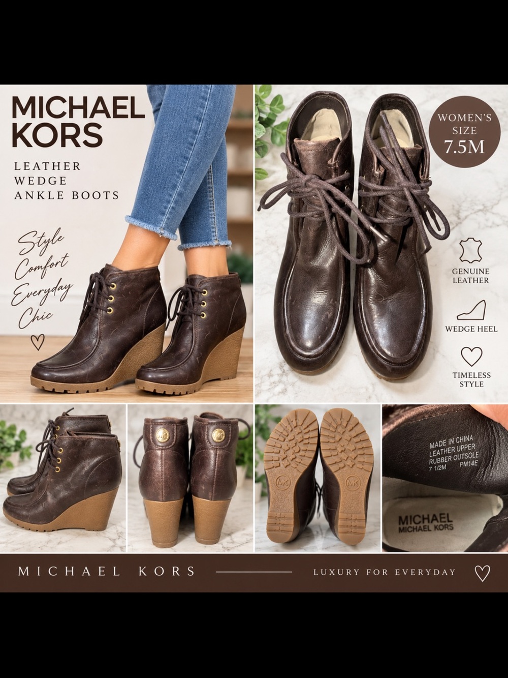 Michael Kors Brown Leather Lace-Up Wedge Ankle Boots Women’s 7.5M